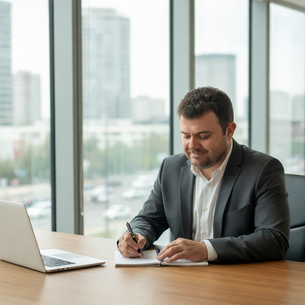 Mężczyzna piszący w biurze z widokiem
